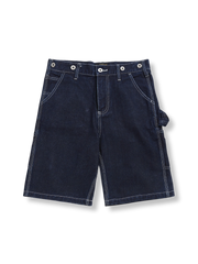 レイルロードストライプとレザーサスペンダー付きプレーンデニムのワークショーツ