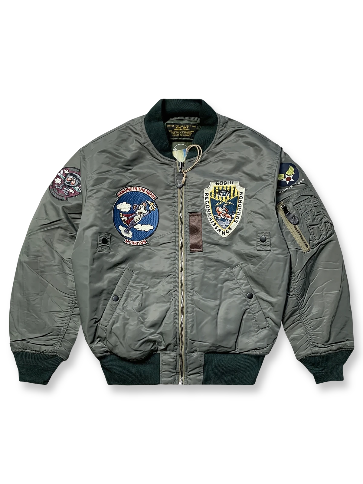 偵察兵テーマの刺繍バッジ付きMA‑1フライトジャケット、両面フリース裏地仕様。