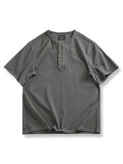 パッチワークボタンカラーとリブ襟が特徴の320gヘビーコットン半袖Tシャツ