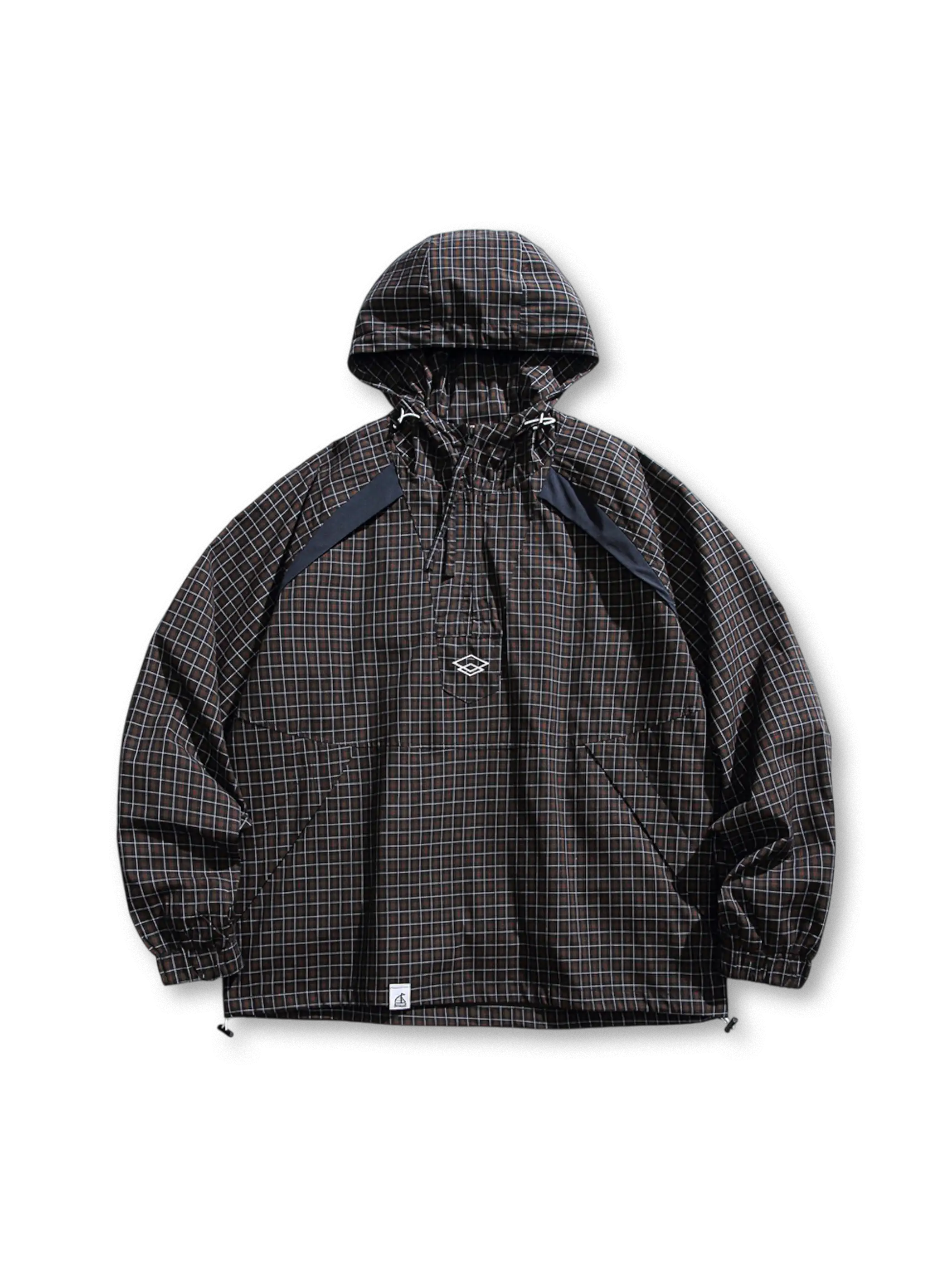 レトロチェック柄と配色切り替えが特徴のコットン製フードジャケット。調節可能なドローコード付きで快適な着心地。