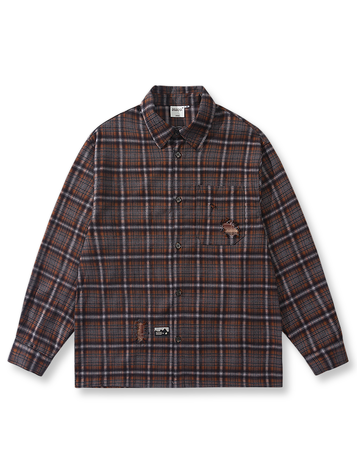 レトロチェック柄とパッチワークが映える長袖コットンシャツ