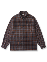 レトロチェック柄とパッチワークが映える長袖コットンシャツ