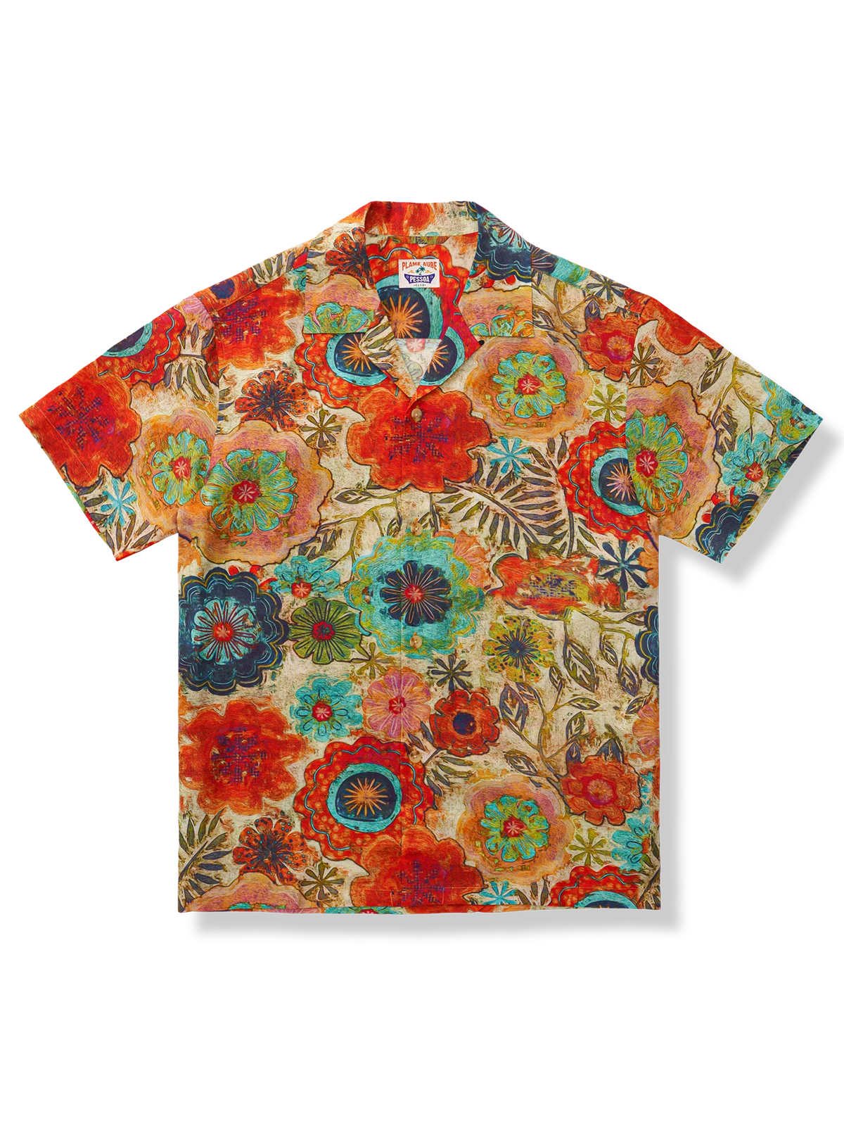 オレンジベースのトロピカルフラワー柄とキューバカラーのレトロハワイアンシャツ。