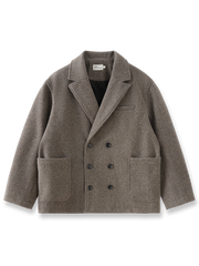 縦ストライプのミックスカラーが特徴のヘビーウール混ダブルブレストジャケット、レトロな冬のスタイルに最適