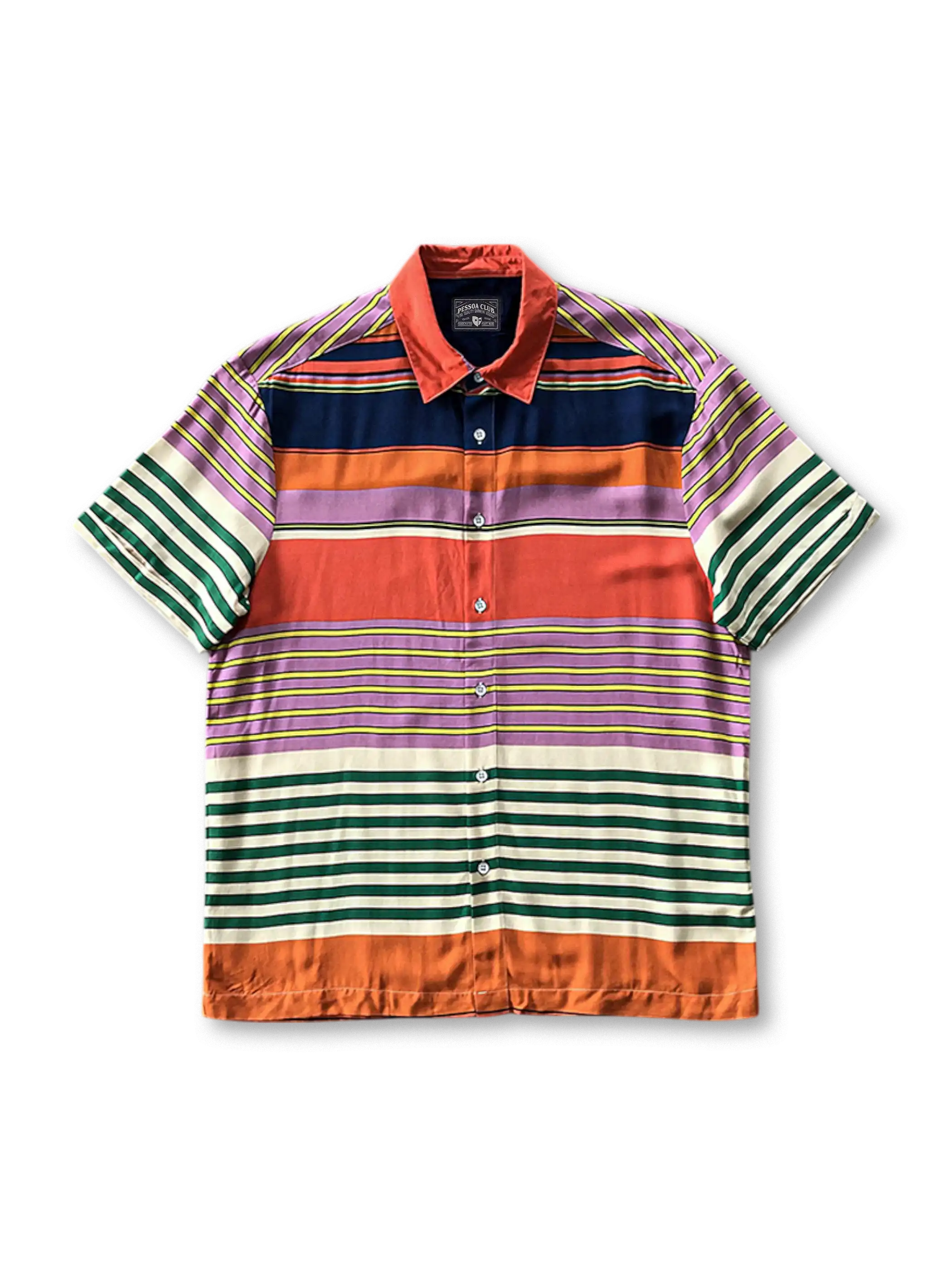 しなやかなレーヨンにマルチカラーのボーダーが映えるオープンカラーシャツ