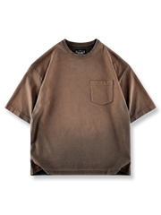 手染めグラデーションとウォッシュ加工が特徴のレトロラウンドネックコットンTシャツ