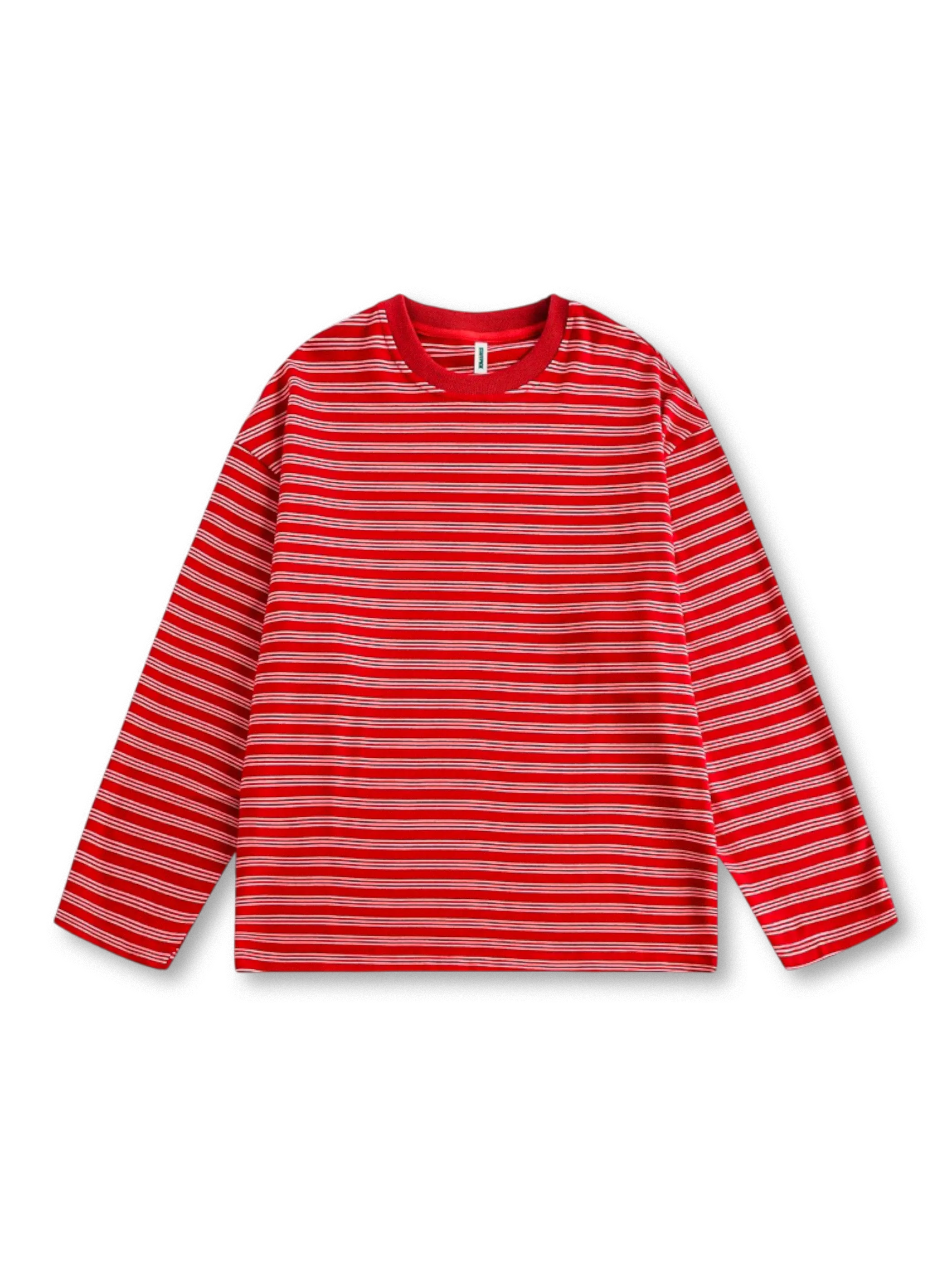 カラーコントラストとストライプデザインが特徴の軽量で通気性に優れたレトロストライプベースシャツ。