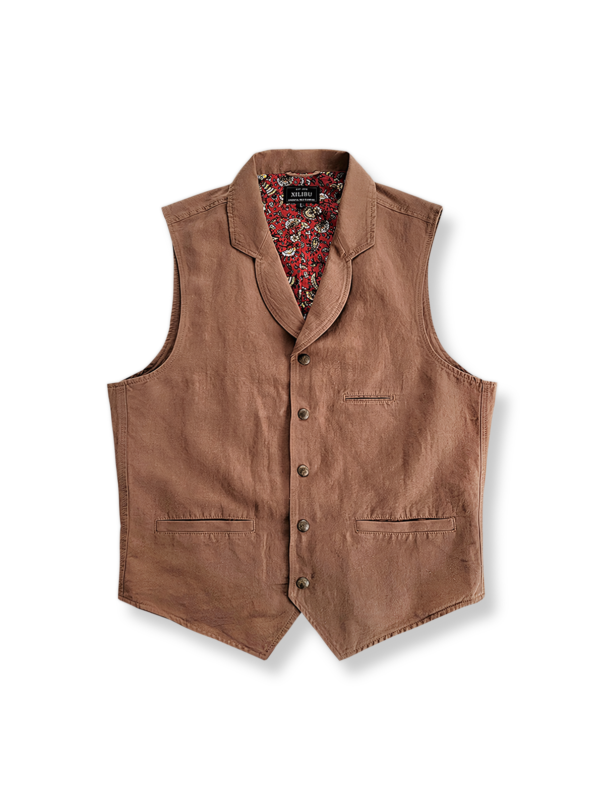 コットンとリネンの混紡素材で仕立てたスーツ襟ベスト、裏地に柄布を使用