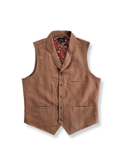 コットンとリネンの混紡素材で仕立てたスーツ襟ベスト、裏地に柄布を使用