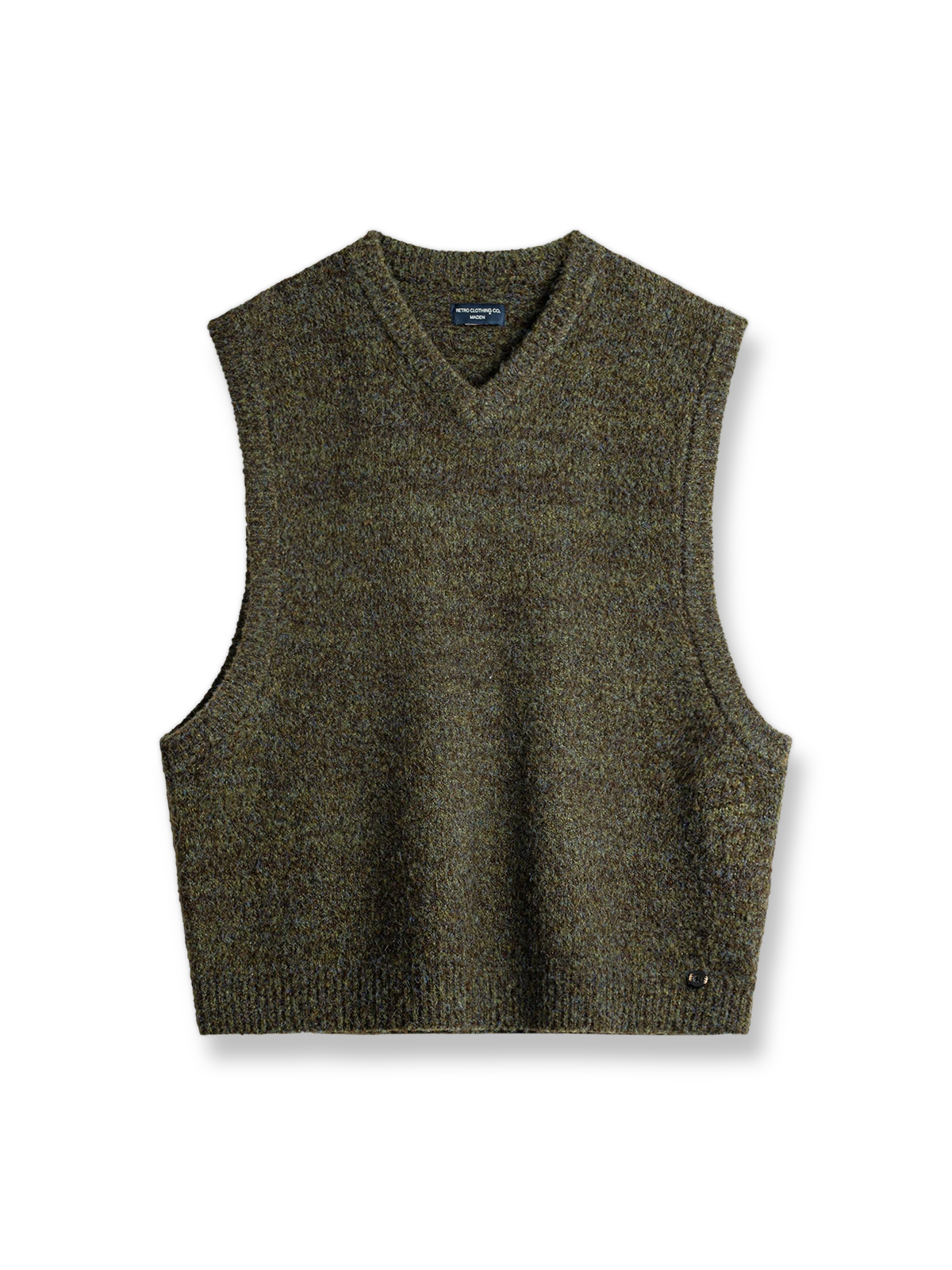 モスグリーンのフリース感が特徴のVネックウール混紡ニットベスト。