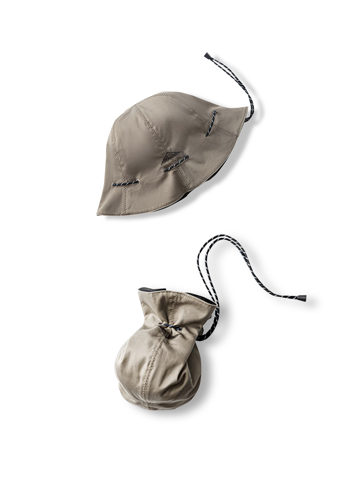 リバーシブル仕様バケットハット&ウォレット両用、カーキ×ブラック、コンパクトデザイン、高品質コットン素材