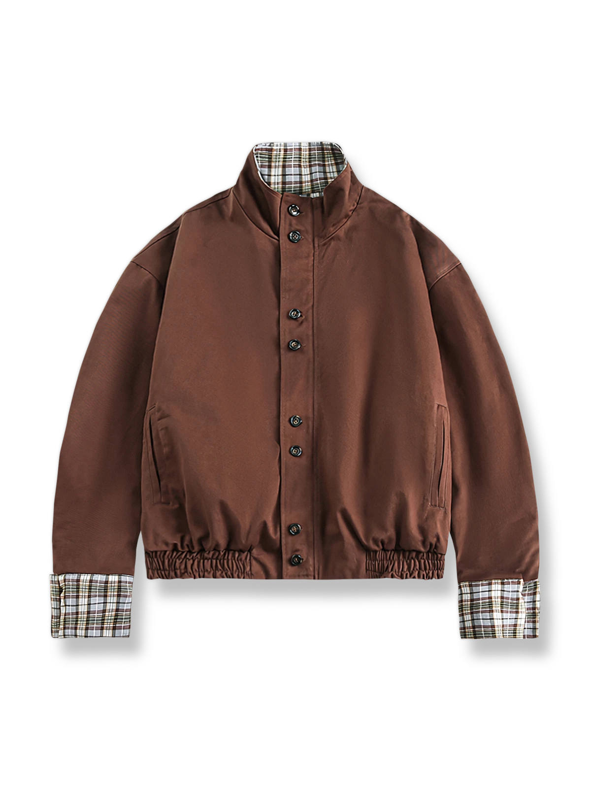 表裏で楽しめるチェック柄とカフェカラーのリバーシブルジャケット。