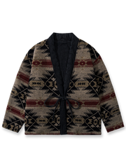 民族風プリントとデニム素材を楽しめるリバーシブル中綿はんてん