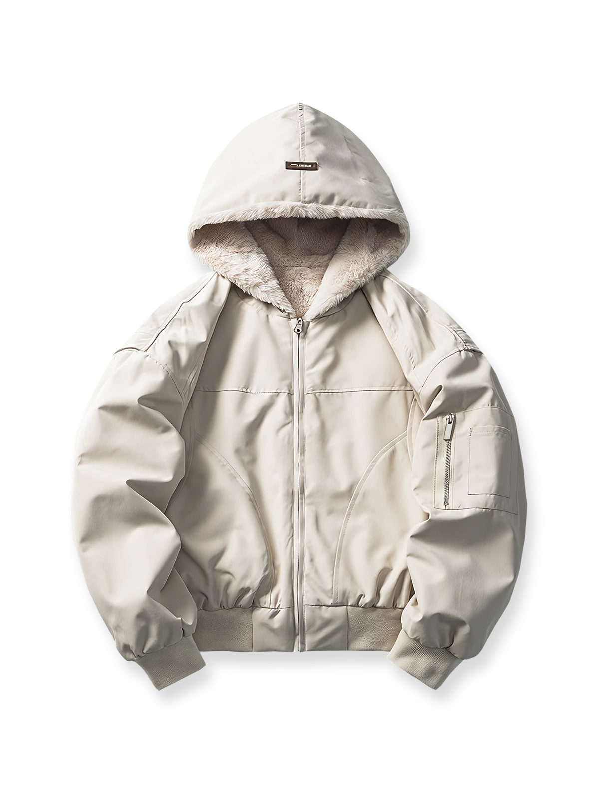 リバーシブル仕様のラムスキン裏地付き厚手中綿フードジャケット