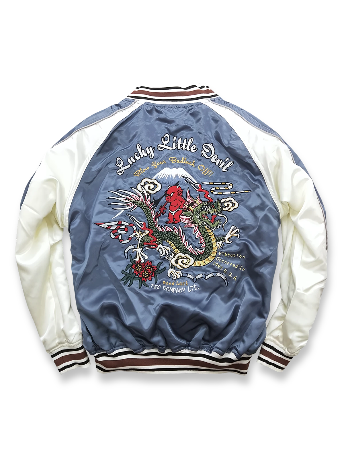 赤鬼と青龍をシルク刺繍で表現したリバーシブルスカジャン。