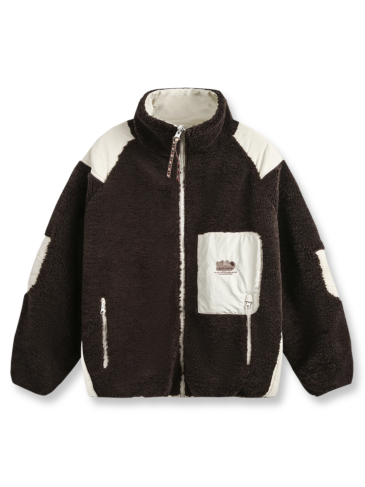 リバーシブル仕様のシープスキンと織りナイロン素材の中綿ジャケット、バイカラーデザインと多機能ポケット付きで保温性と収納性に優れる冬用ジャケット