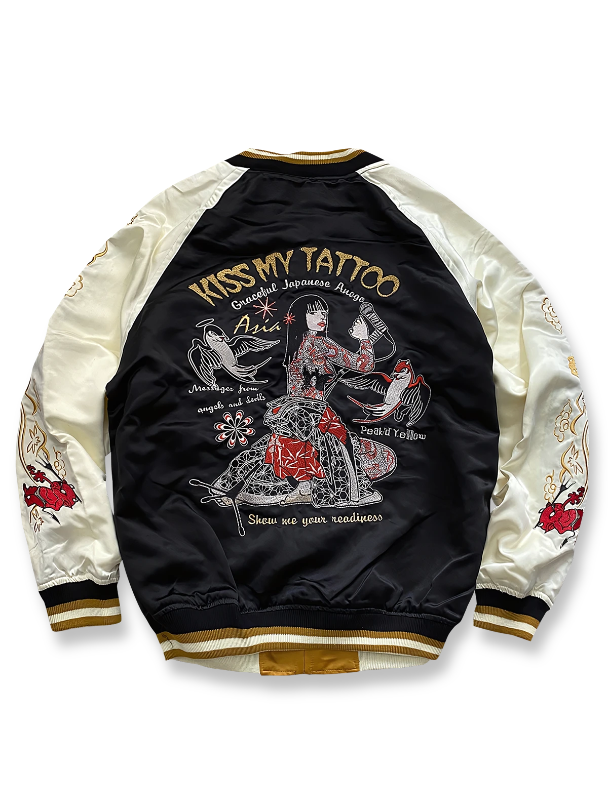 和柄タトゥーシンガー刺繍とテッドマン&鷹の吉祥画を両面に施したリバーシブルシルクスカジャン。