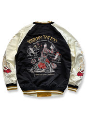 和柄タトゥーシンガー刺繍とテッドマン&鷹の吉祥画を両面に施したリバーシブルシルクスカジャン。