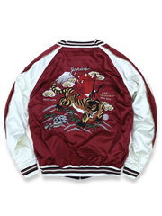 七福神の宝船と赤鬼・虎をシルク刺繍で表現したリバーシブルスカジャン。