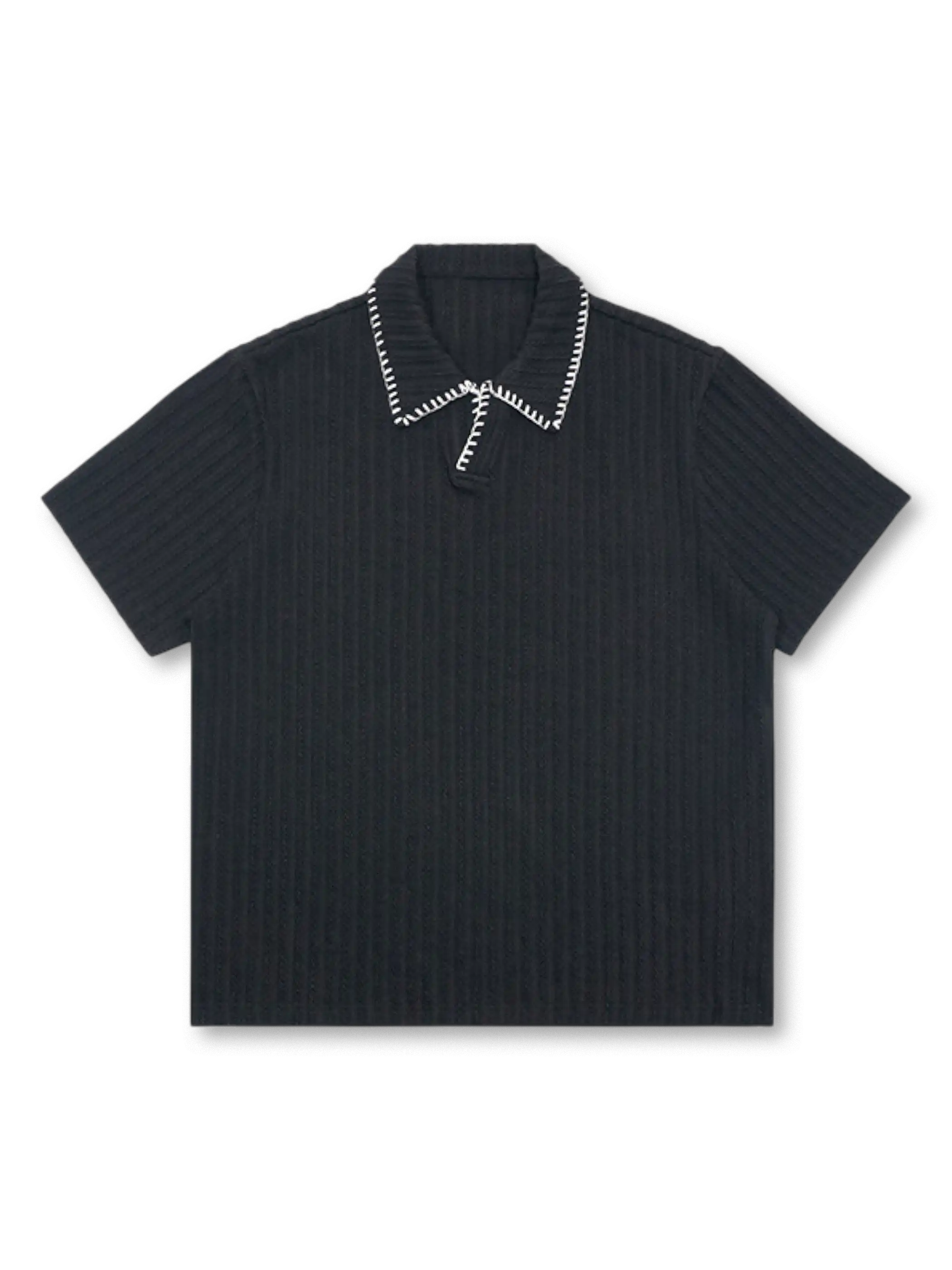 麦穂柄リブニットポロ ブラック