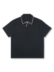 麦穂柄リブニットポロ ブラック