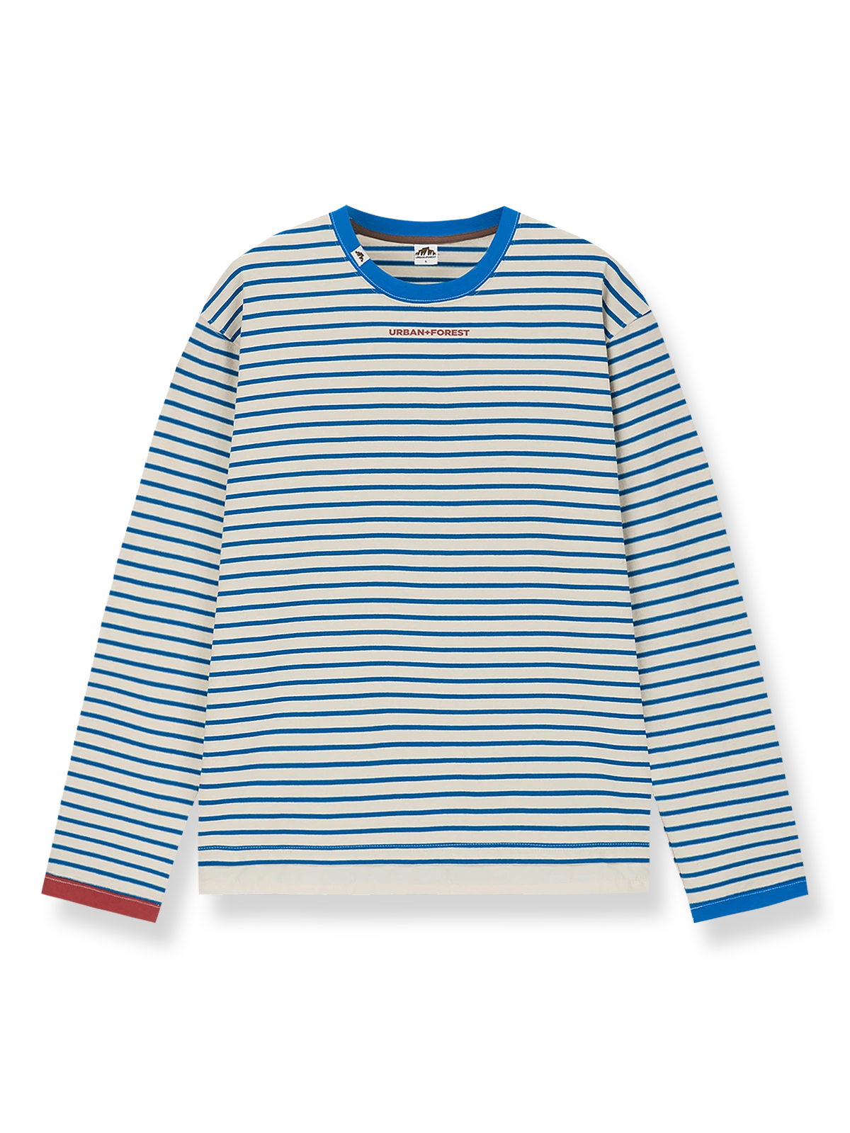 リブ切り替えストライプとアートワークプリントが映える長袖Tシャツ。