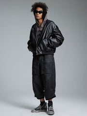 ショート丈 フード付きレザージャケット