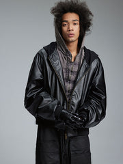 ショート丈 フード付きレザージャケット