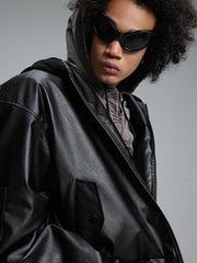 ショート丈 フード付きレザージャケット