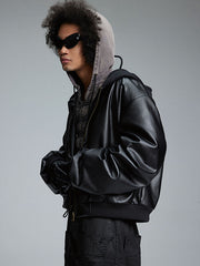 ショート丈 フード付きレザージャケット