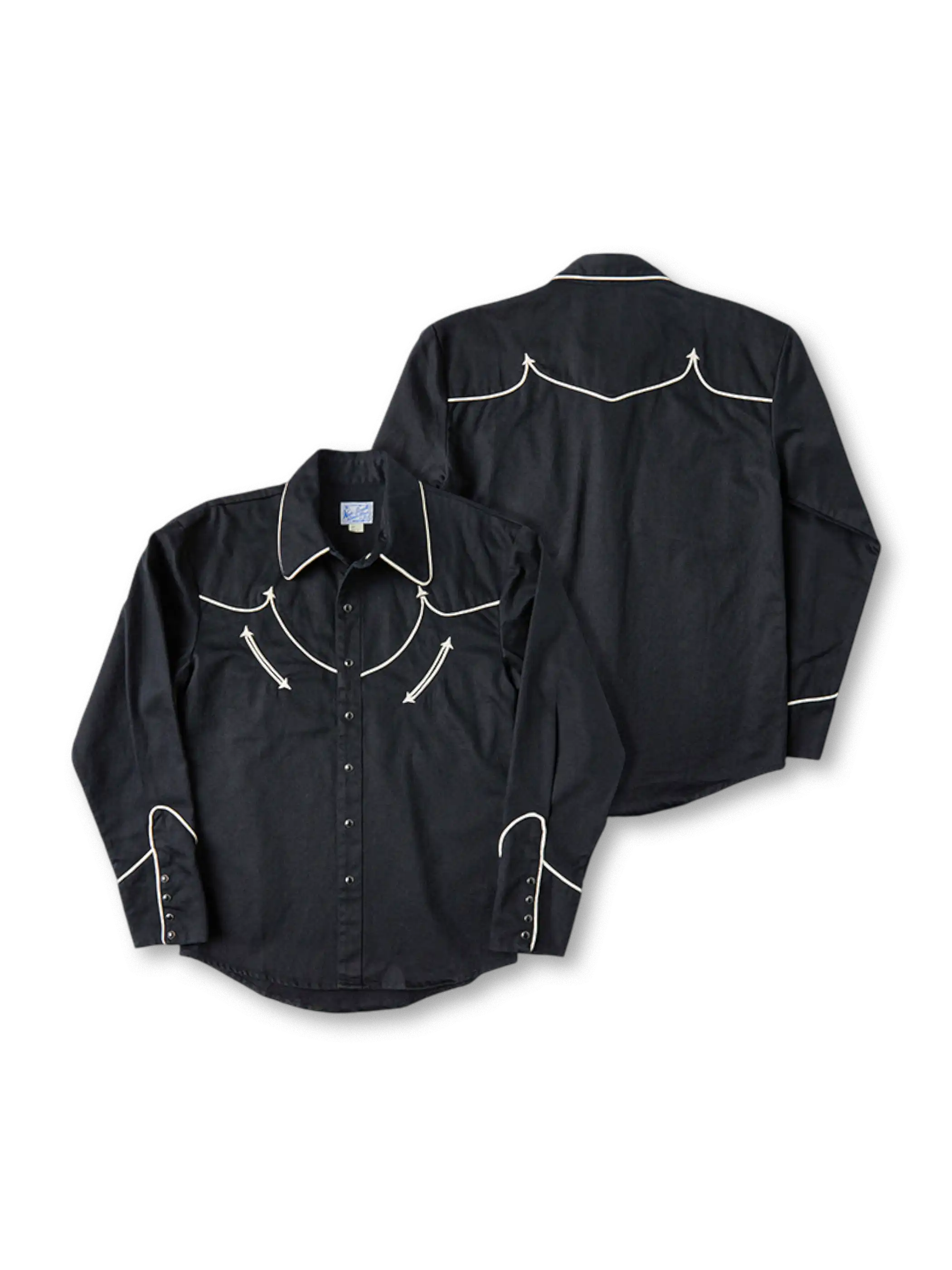 300g厚手コットンサテンとオフホワイトパイピングが特徴のロカビリースタイルウエスタンシャツ。