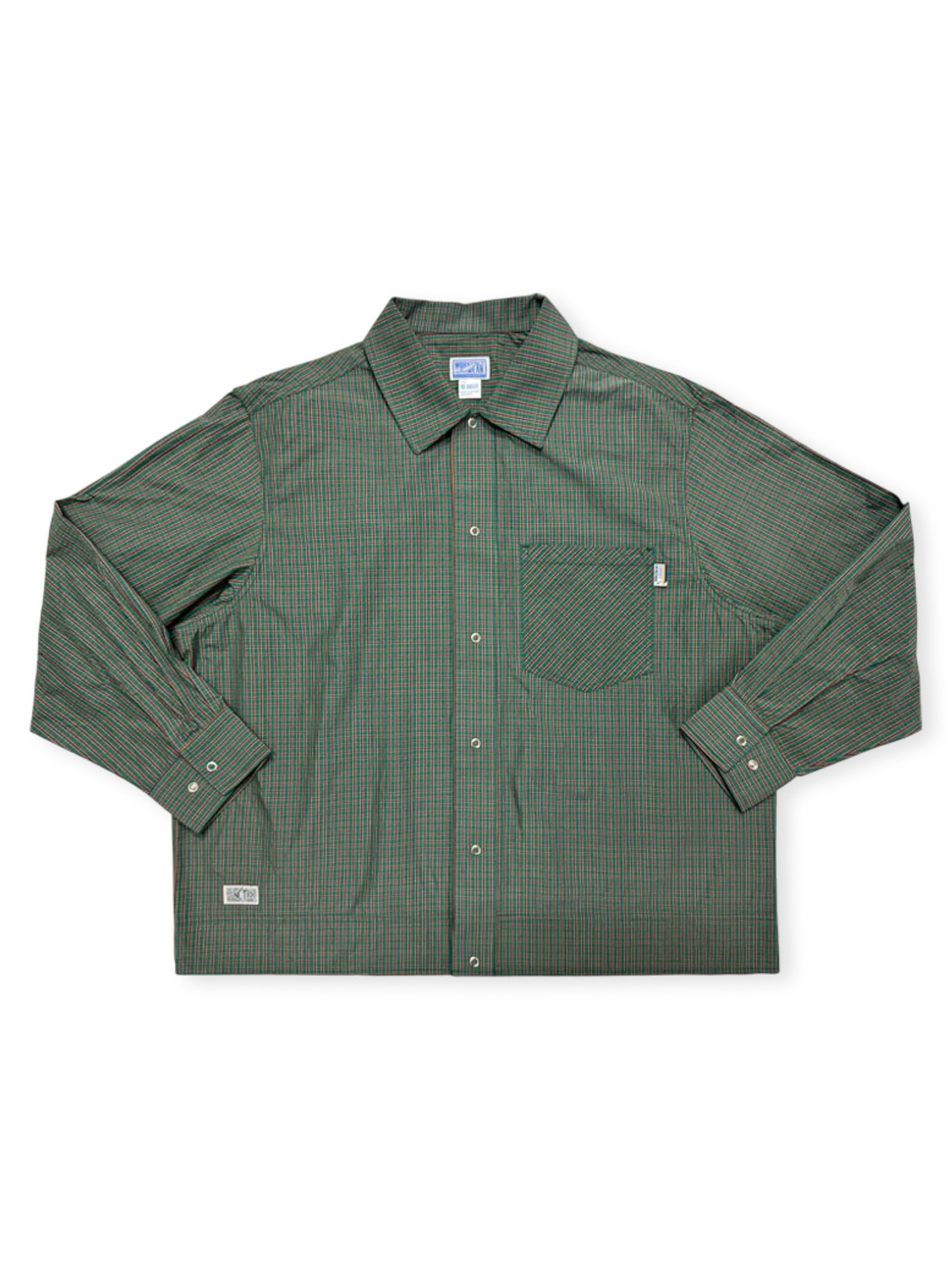 「Rude Style」短幅カッティングとチェック柄のショートワイドシャツジャケット。YKK五爪ボタンとカスタム織唛付き。