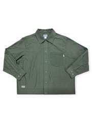 「Rude Style」短幅カッティングとチェック柄のショートワイドシャツジャケット。YKK五爪ボタンとカスタム織唛付き。