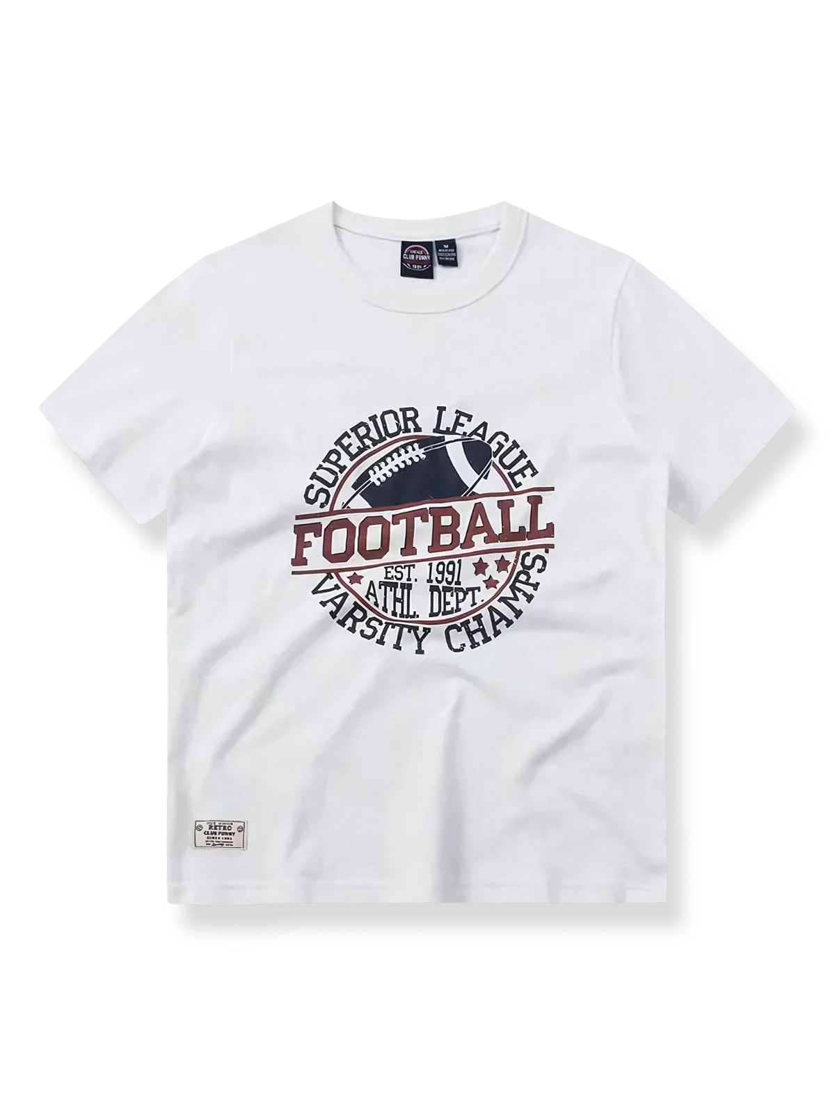 胸に「SUPERIOR LEAGUE FOOTBALL」と創立年をプリントしたラグビーカレッジスタイルTシャツ。