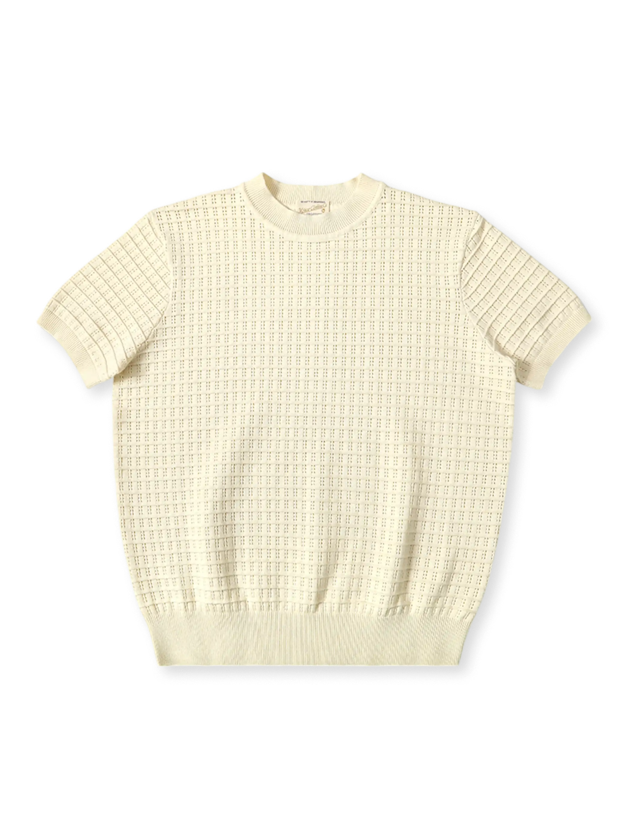 アイレット編みが特徴の270gコットン製ラグドなクルーネック半袖ニット