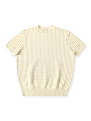 アイレット編みが特徴の270gコットン製ラグドなクルーネック半袖ニット