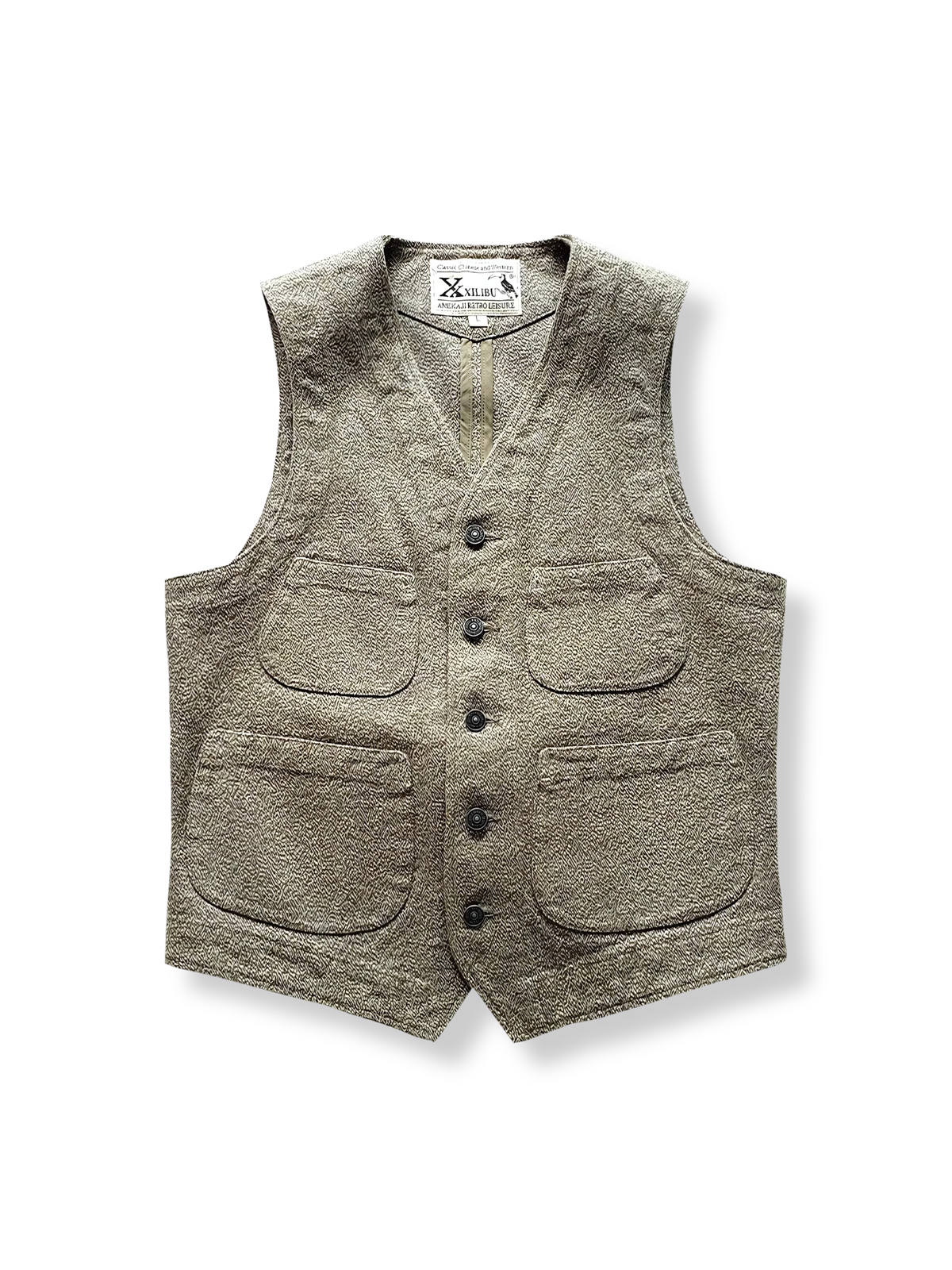 ソルトアンドペッパー素材のテクスチャが際立つルーズフィットベスト。