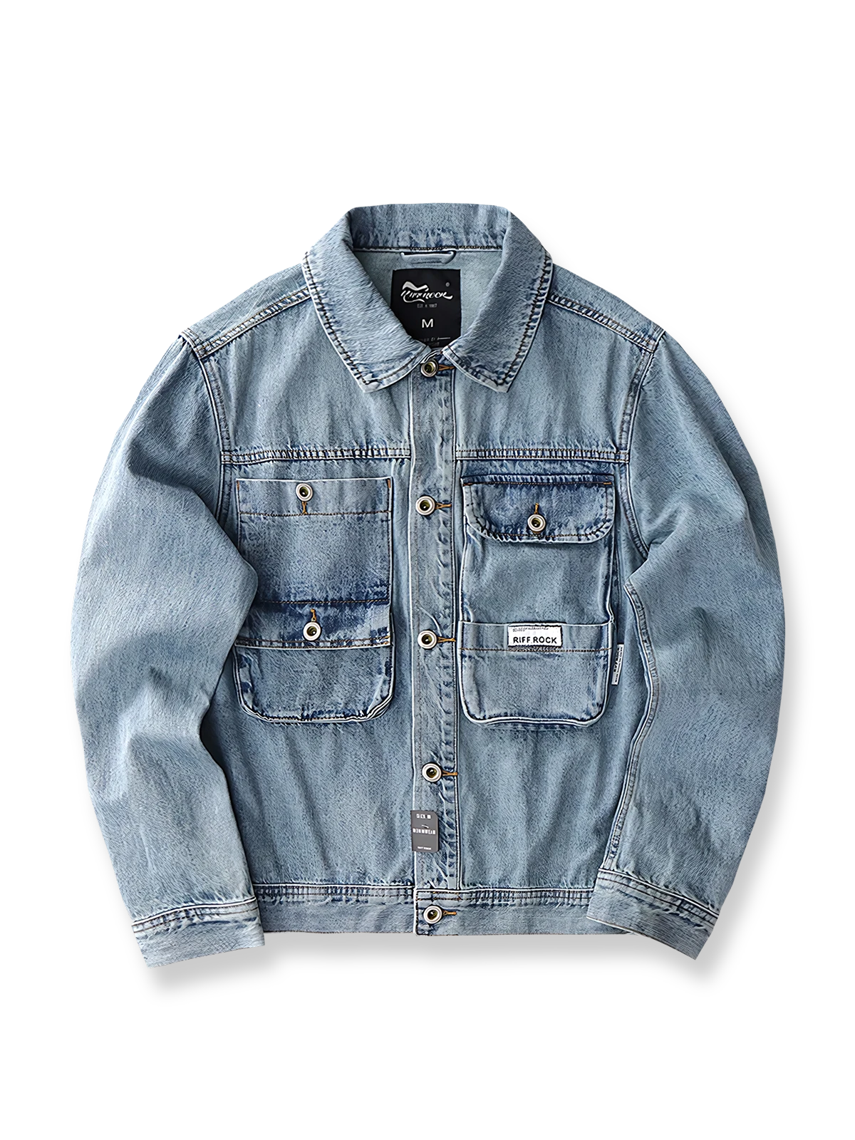 サンドウォッシュとヴィンテージ加工が施されたメンズデニムワークジャケット。