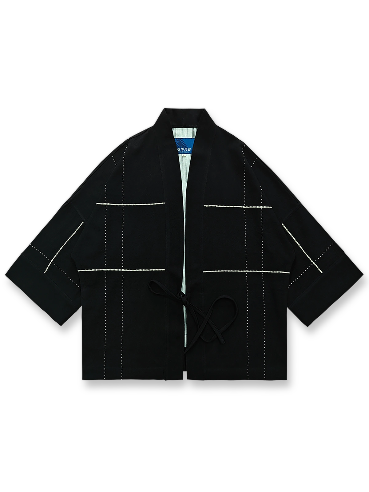 刺し子刺繍とチェック柄が施されたリネン七分袖はんてんの前面が見える商品画像