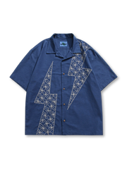 刺し子稲妻パターンが映えるインディゴオープンカラーシャツ