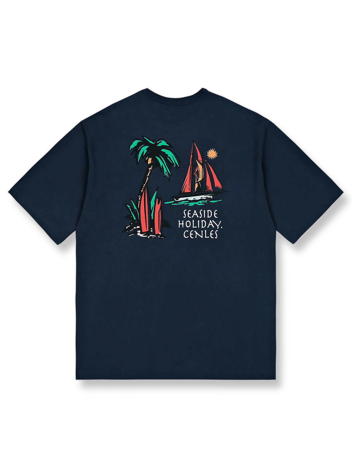 ヤシの木と帆船のリゾートプリントが映えるシーサイドホリデーTシャツ。