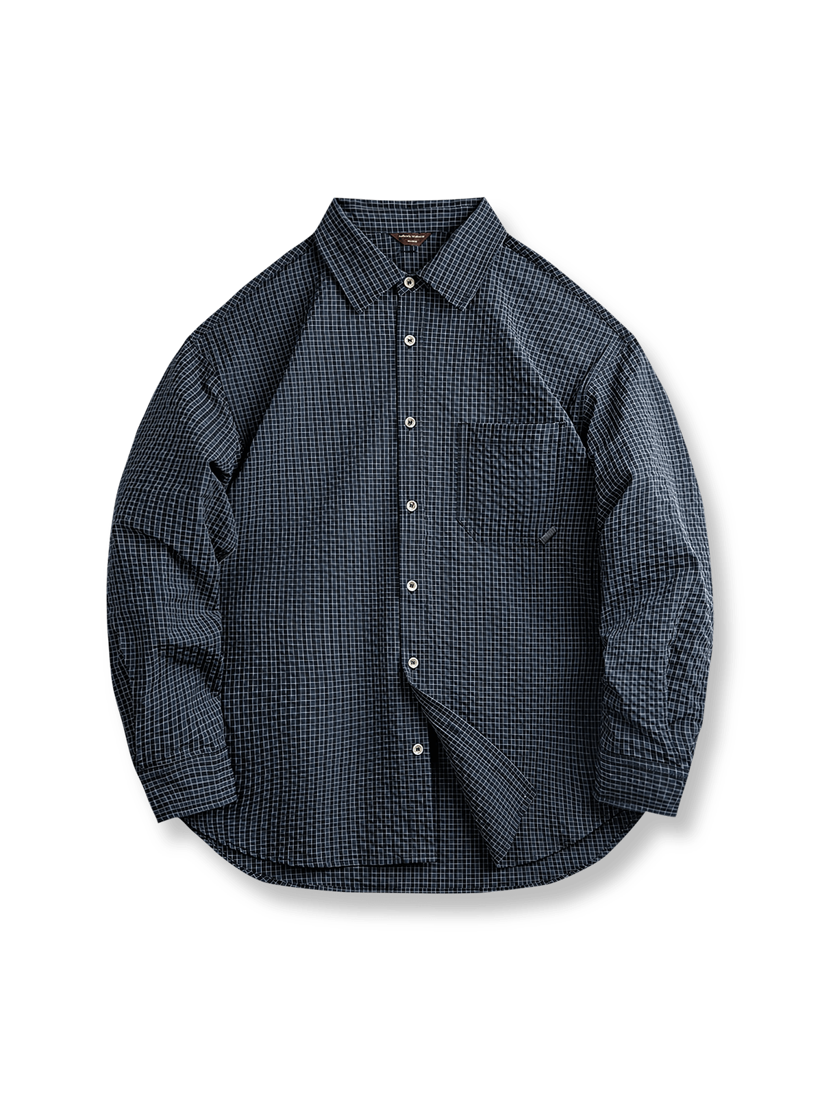 シアサッカー素材の格子柄長袖シャツ、肘パッチ付き