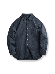 シアサッカー素材の格子柄長袖シャツ、肘パッチ付き