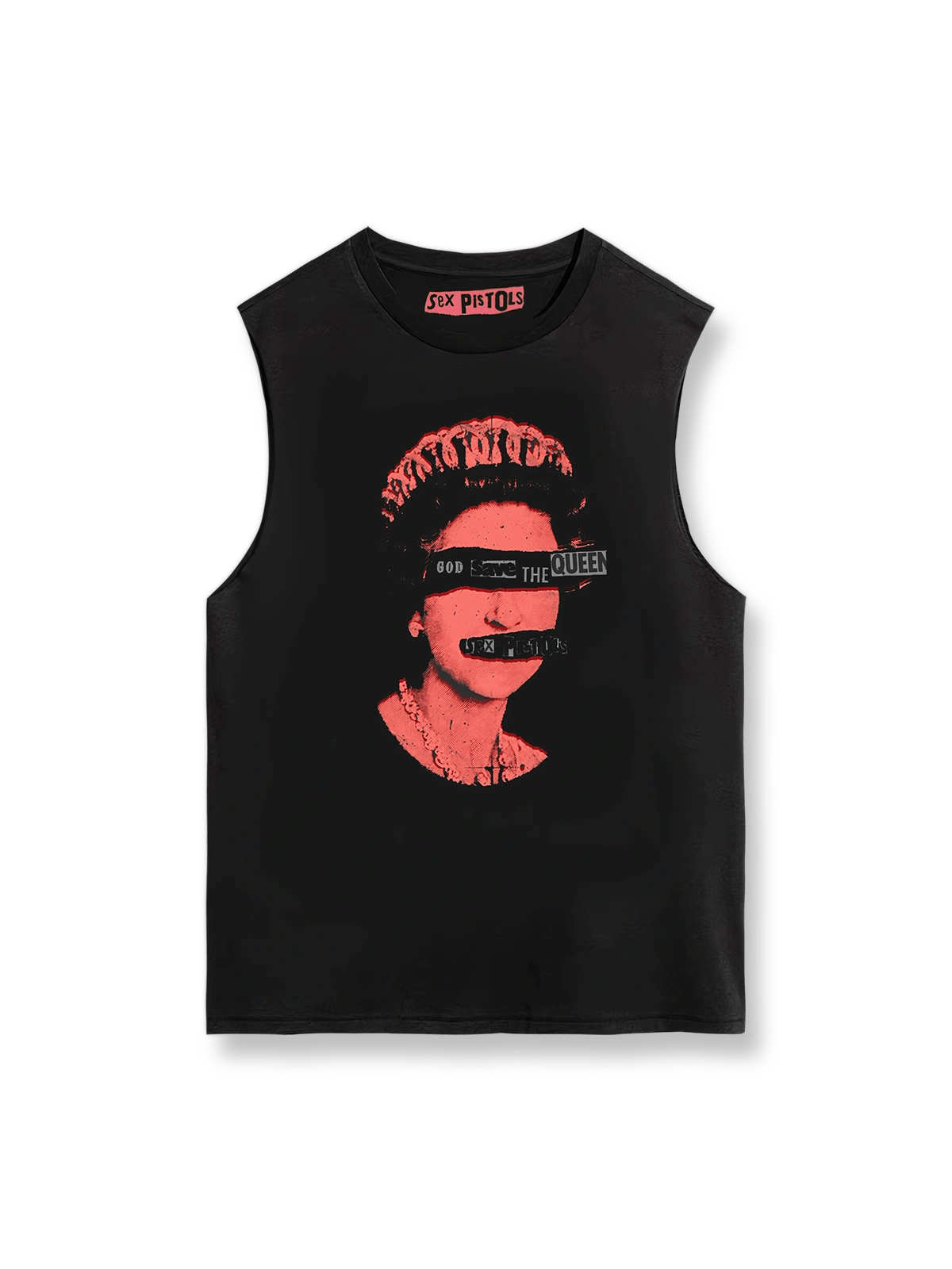 製品画像: Sex Pistolsタンクトップのフロント、『God Save the Queen』のデザイン、女王の肖像と文字 詳細画像: タンクトップのディテール、ジェイミー・リードによるクラシックなデザイン モデル画像: モデルが着用するSex Pistolsタンクトップ、パンクスタイルのファッション