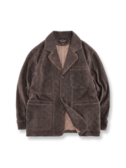 深いブラウンのシャンユンシャ素材、ラペルとウェスタンポケットが特徴のリラックスフィットスーツジャケット