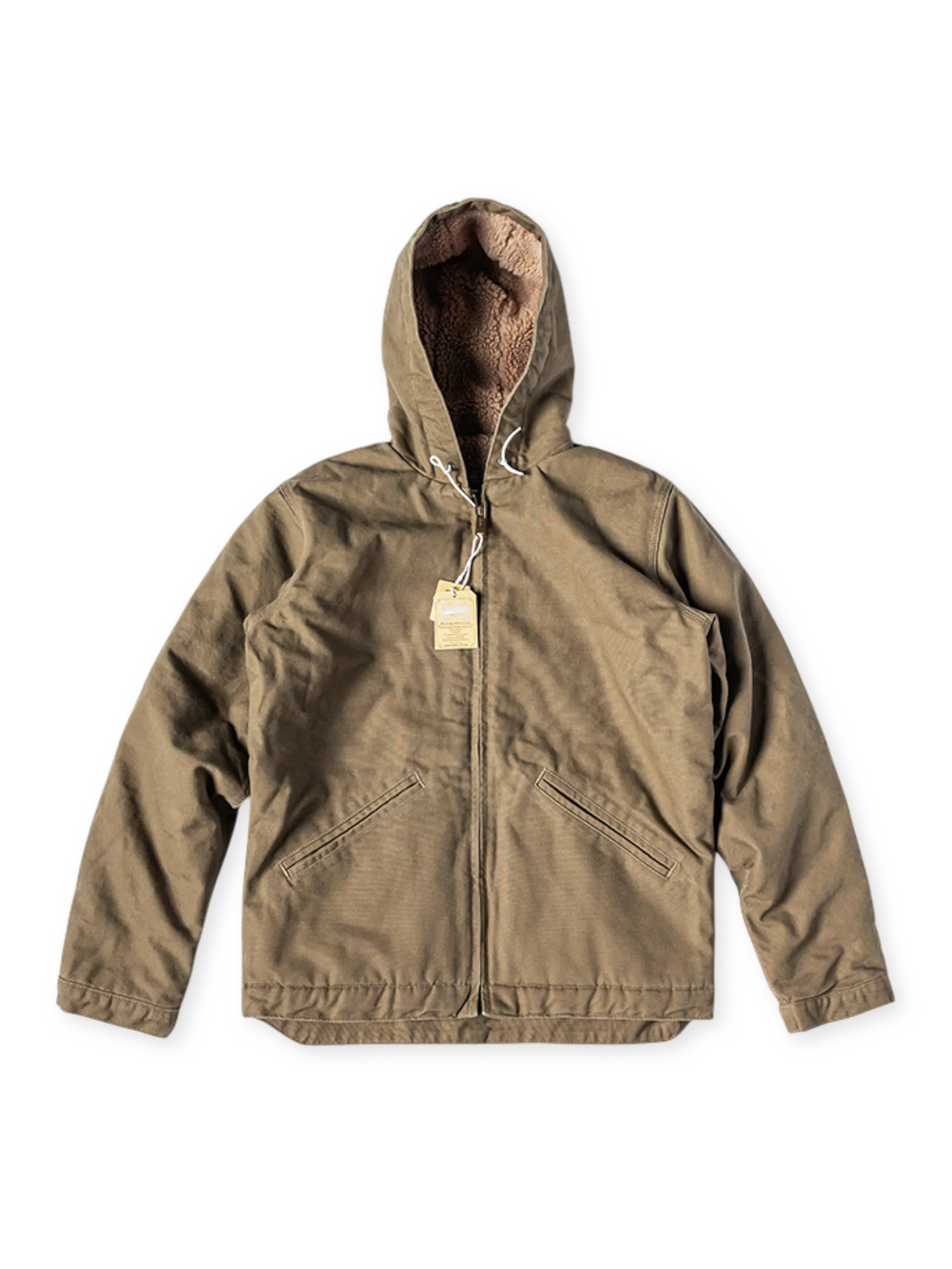 高密度コットンキャンバス生地と柔らかなシープボア裏地を使用したフーデッドジャケット。保温性と耐久性を兼ね備えたデザイン。