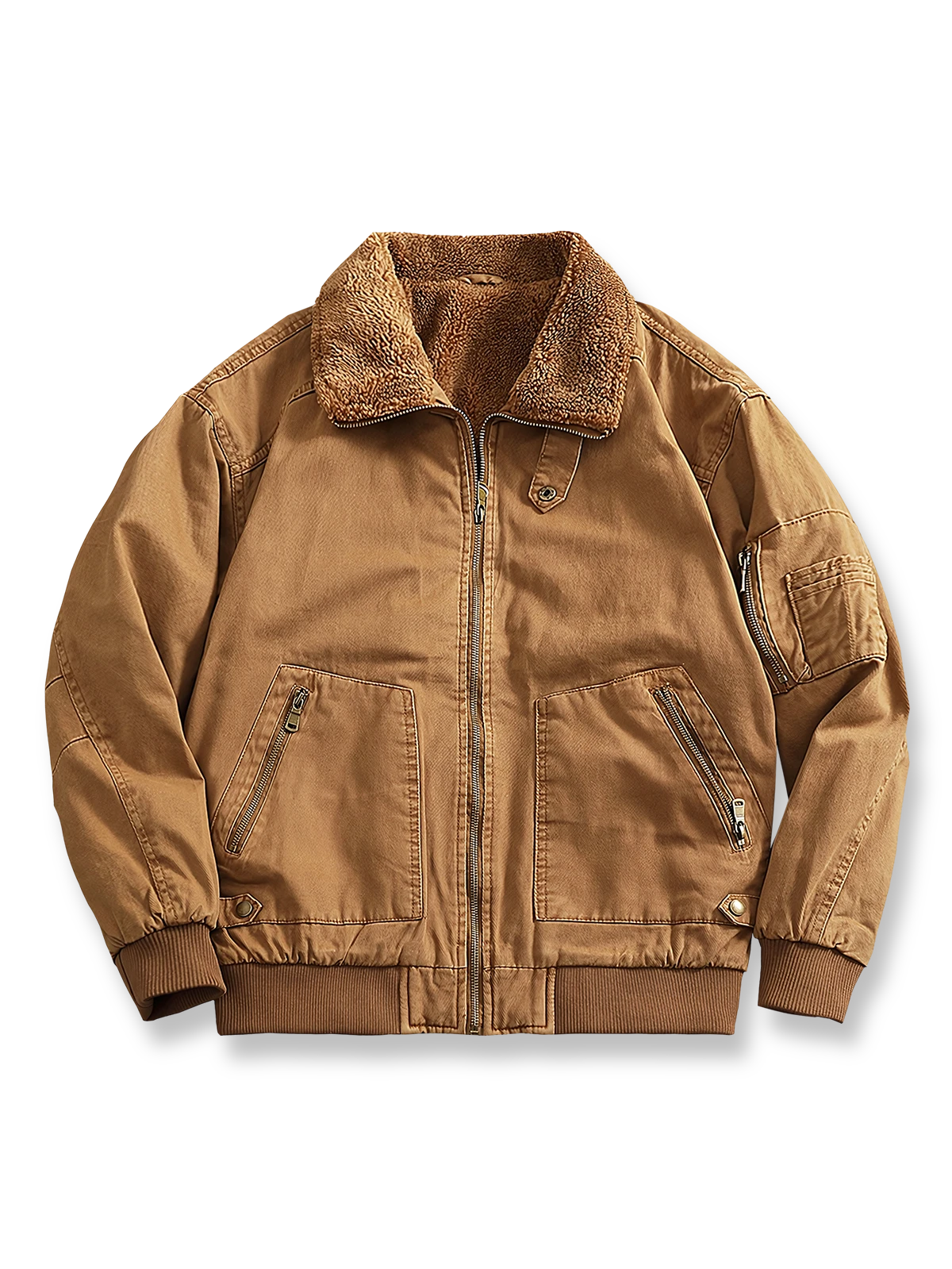 シープスキン風ライニングと水洗い加工ツイルを使用したミリタリースタイルのフライトジャケット