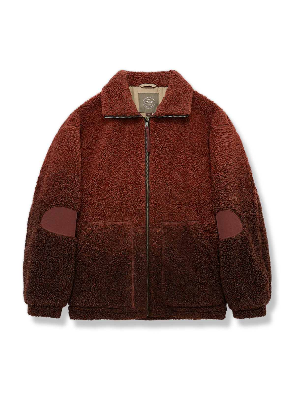 グラデーションカラーのパッチワークとシェルパフリースライナーを備えた立襟ジャケット。