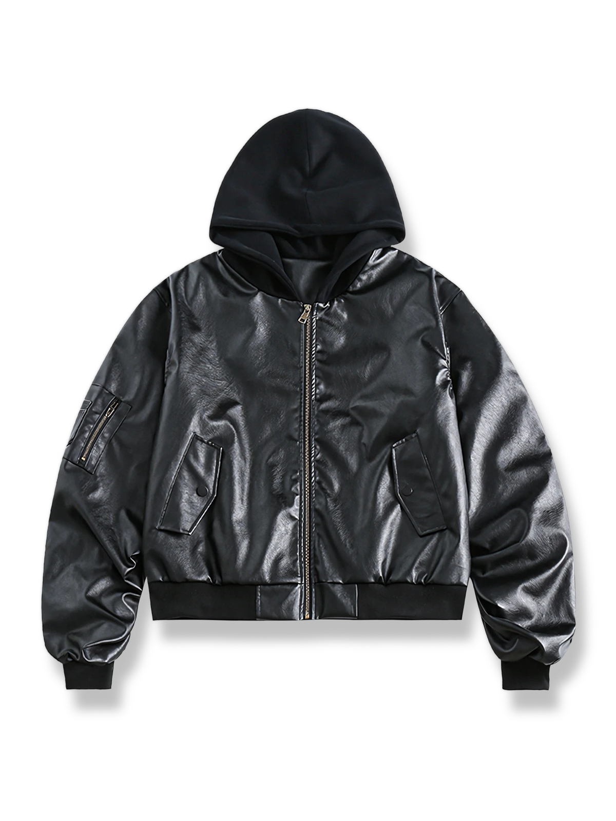 ショート丈でフード付き、リブ裾と装飾ジッパーのディテールが特徴のレザージャケット。