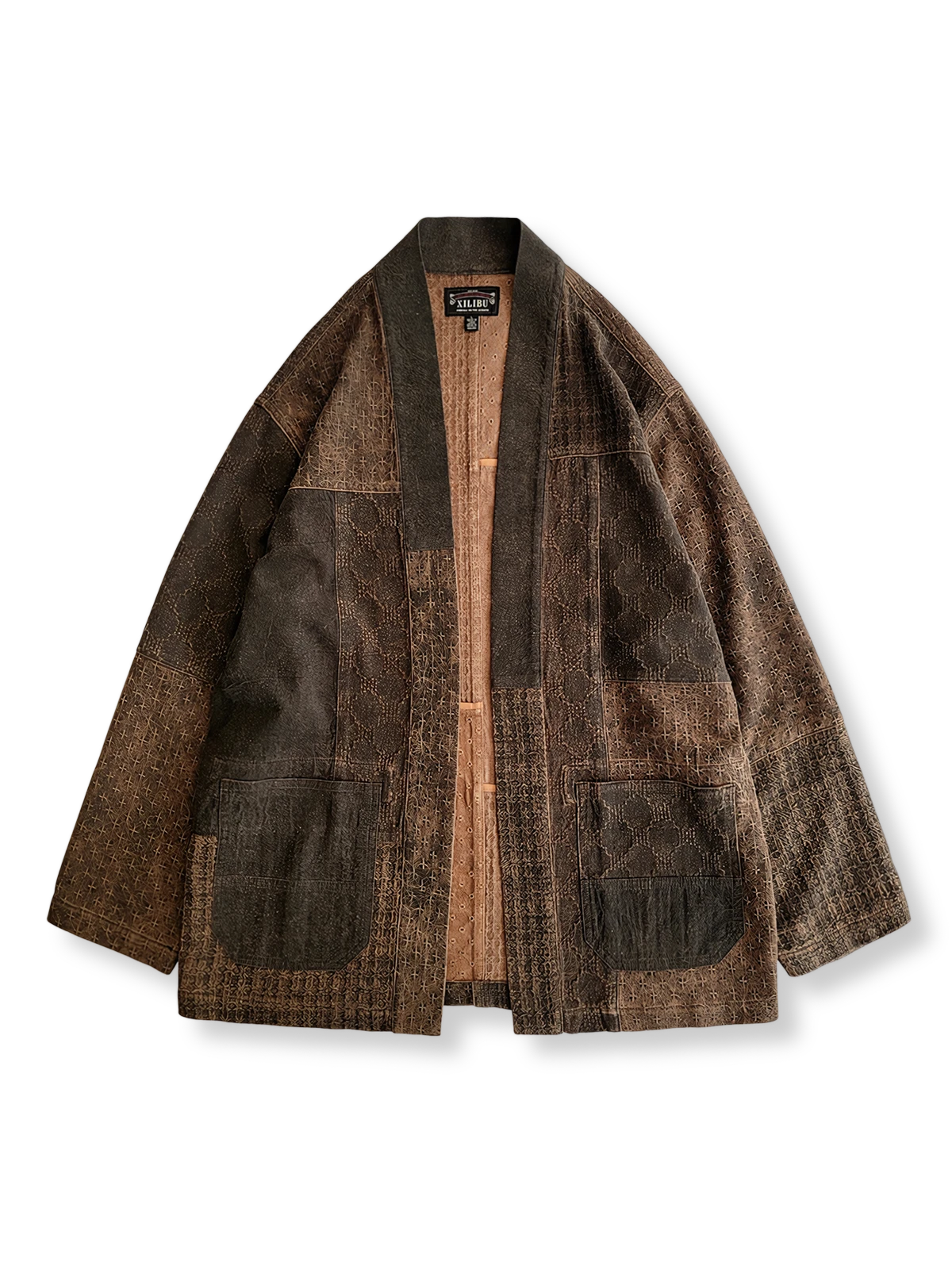 シルク素材のパッチワーク袢纏カーディガン、古法シュロ染色技法を施したデザイン。